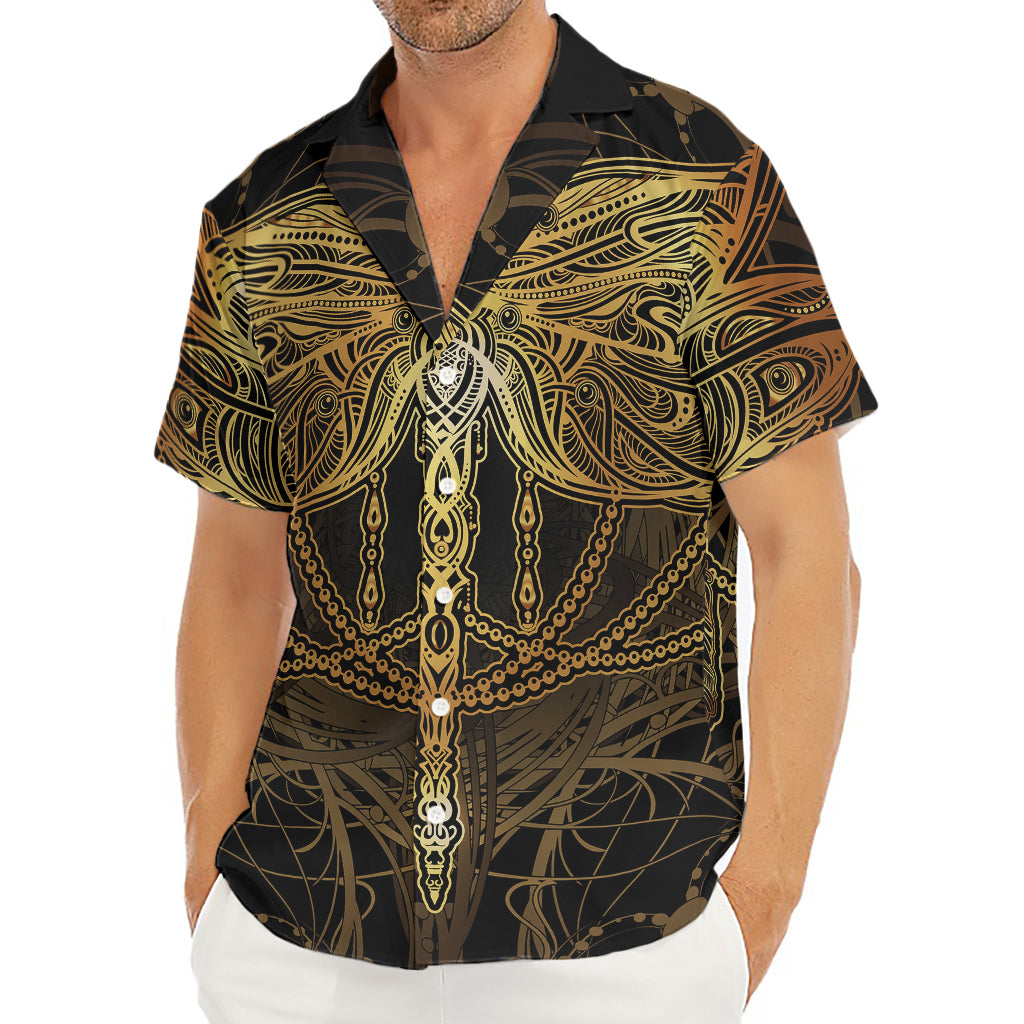 Golden Spiritual Dragonfly Print Men's Deep V-Neck Shirt