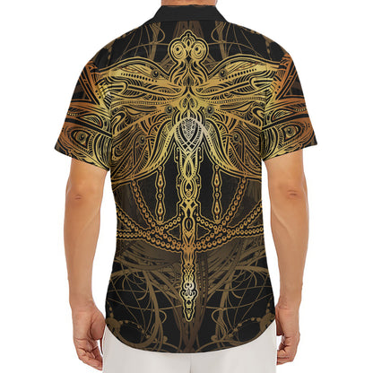 Golden Spiritual Dragonfly Print Men's Deep V-Neck Shirt