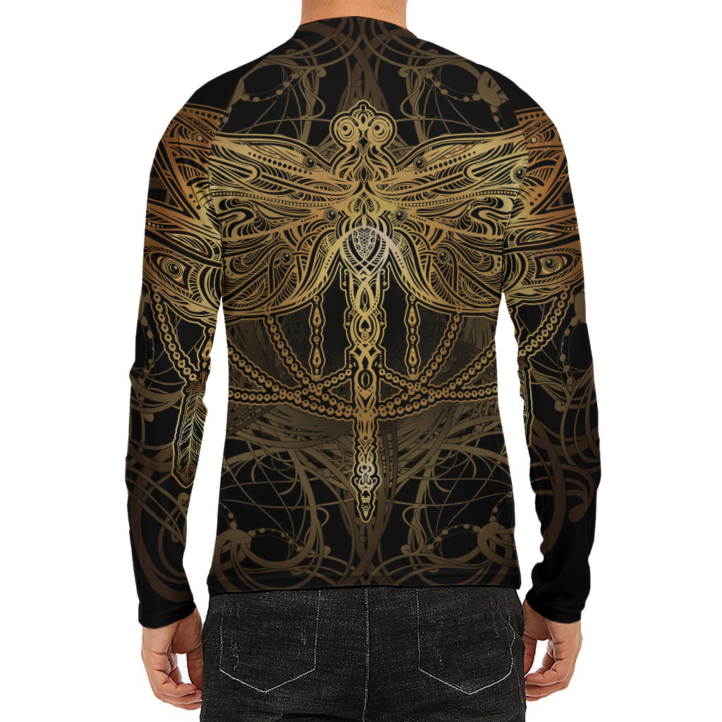 Golden Spiritual Dragonfly Print Men's Long Sleeve Rash Guard