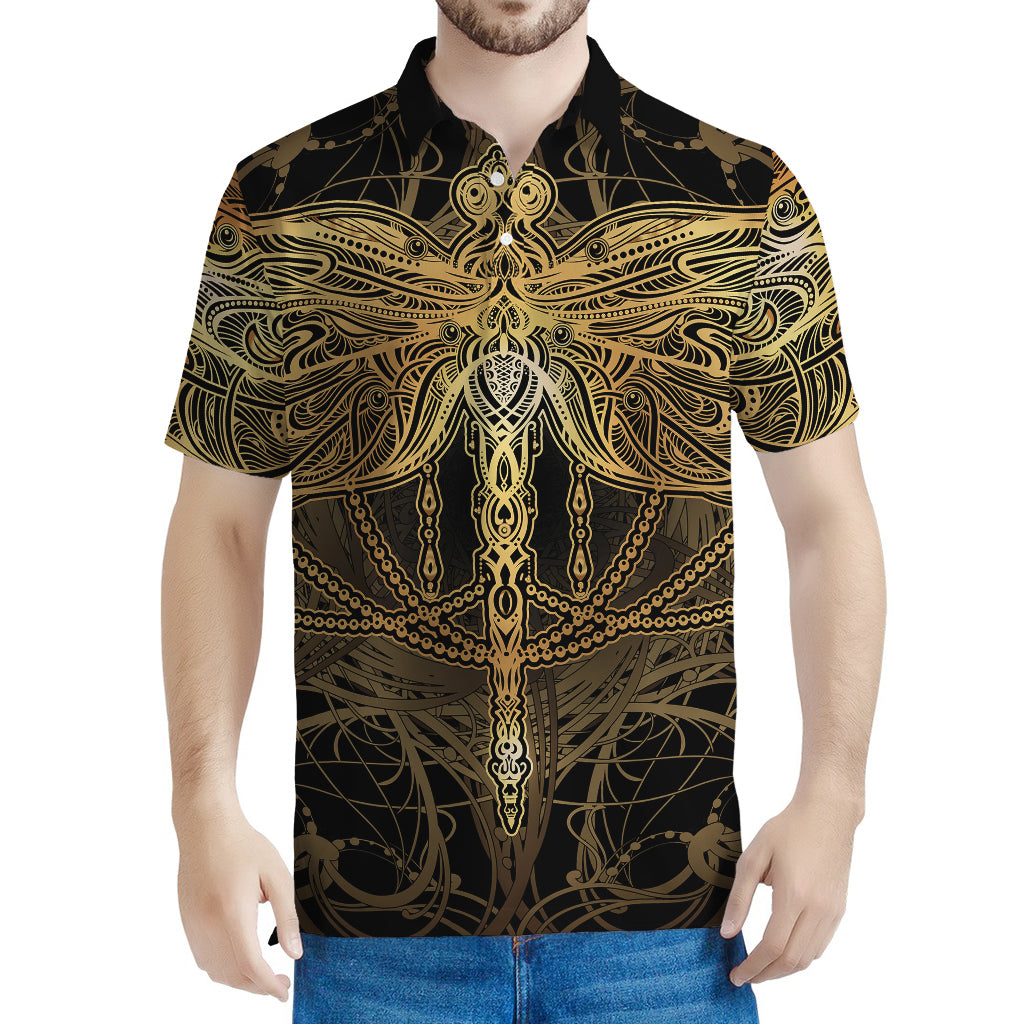 Golden Spiritual Dragonfly Print Men's Polo Shirt