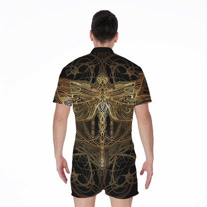 Golden Spiritual Dragonfly Print Men's Rompers