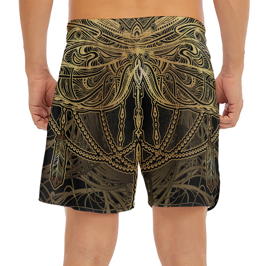 Golden Spiritual Dragonfly Print Men's Split Running Shorts