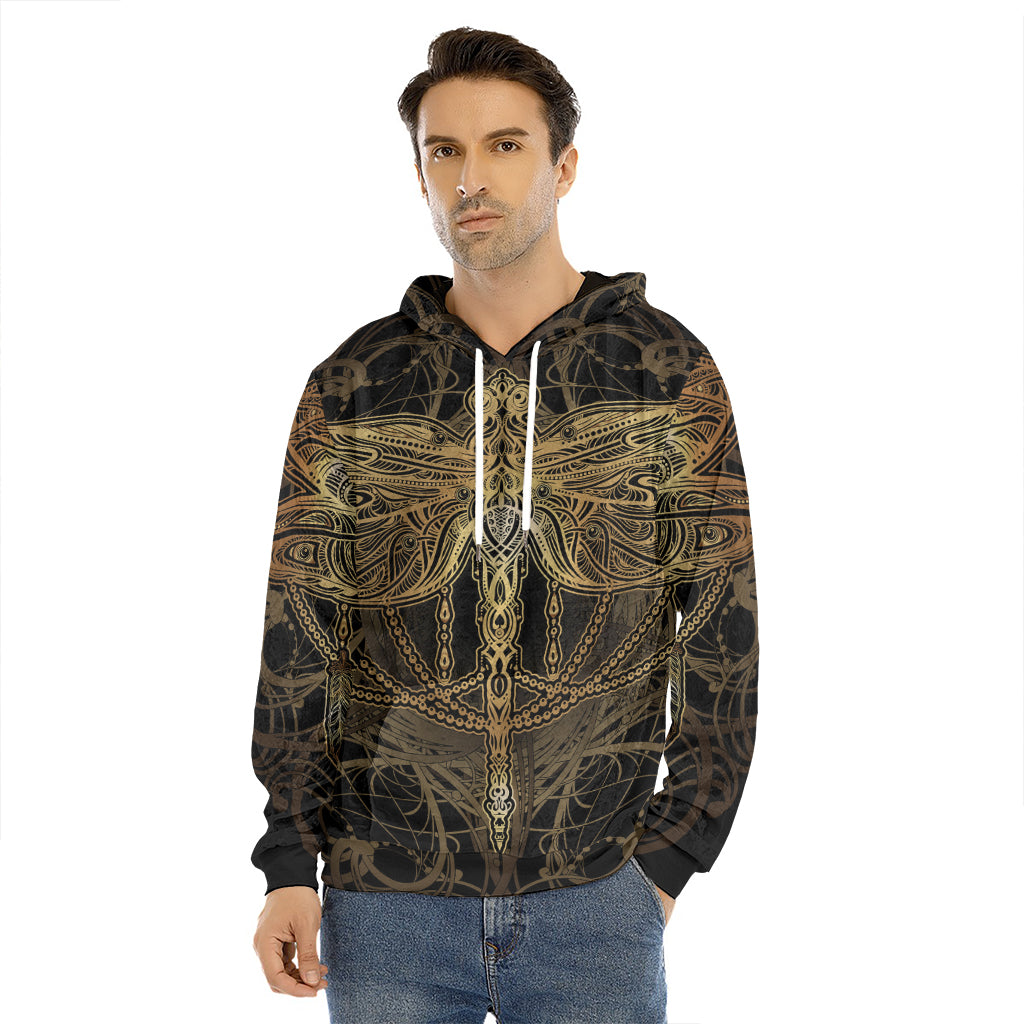 Golden Spiritual Dragonfly Print Men's Velvet Pullover Hoodie