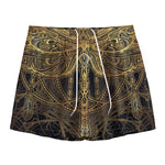 Golden Spiritual Dragonfly Print Mesh Shorts
