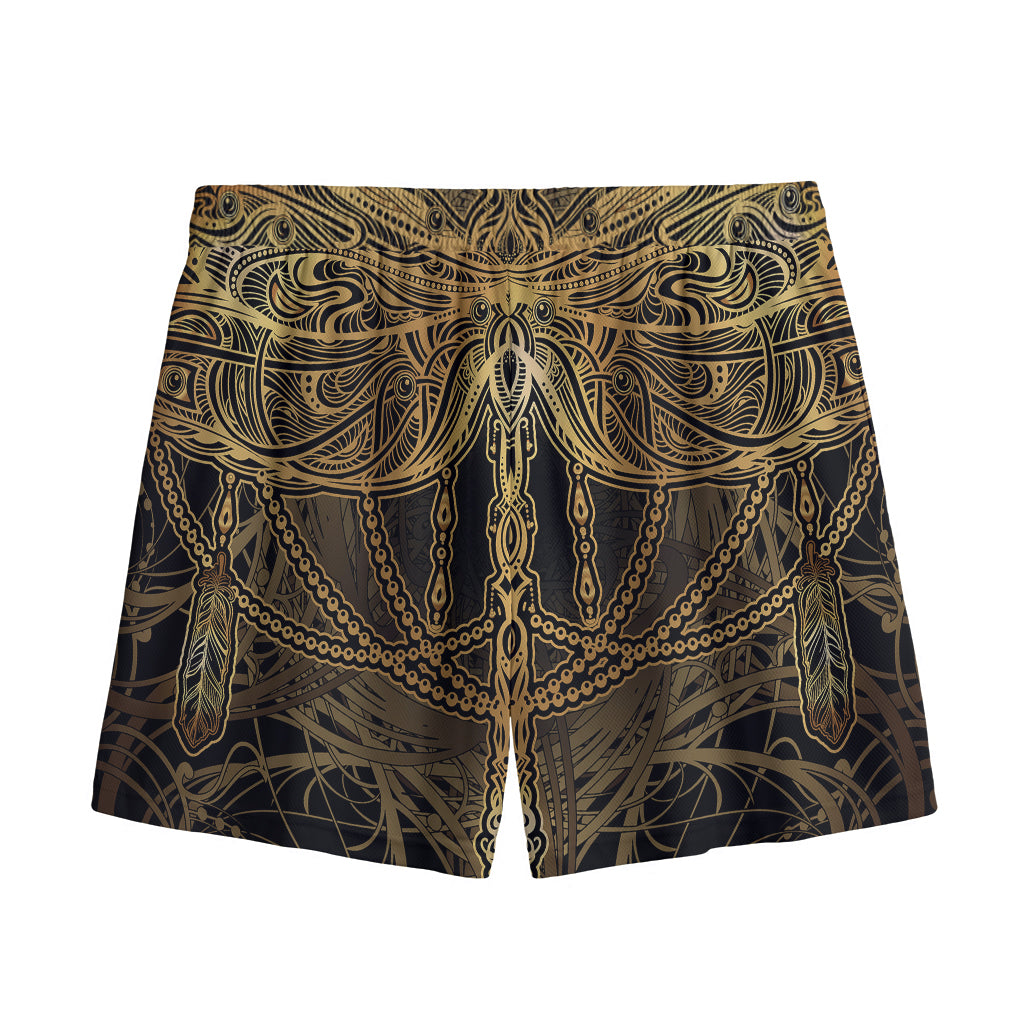 Golden Spiritual Dragonfly Print Mesh Shorts