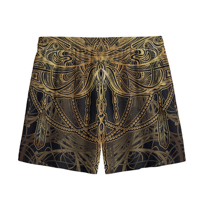 Golden Spiritual Dragonfly Print Mesh Shorts