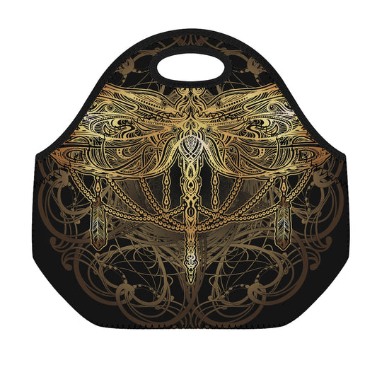 Golden Spiritual Dragonfly Print Neoprene Lunch Bag