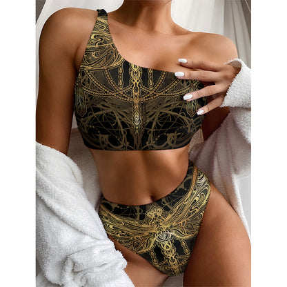 Golden Spiritual Dragonfly Print One Shoulder Bikini Top