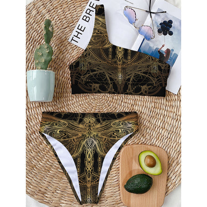 Golden Spiritual Dragonfly Print One Shoulder Bikini Top