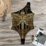 Golden Spiritual Dragonfly Print One Shoulder Bodysuit