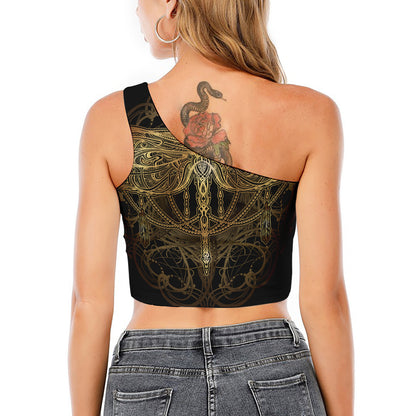 Golden Spiritual Dragonfly Print One Shoulder Crop Top