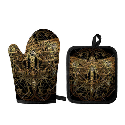 Golden Spiritual Dragonfly Print Oven Mitt And Pot Holder Set