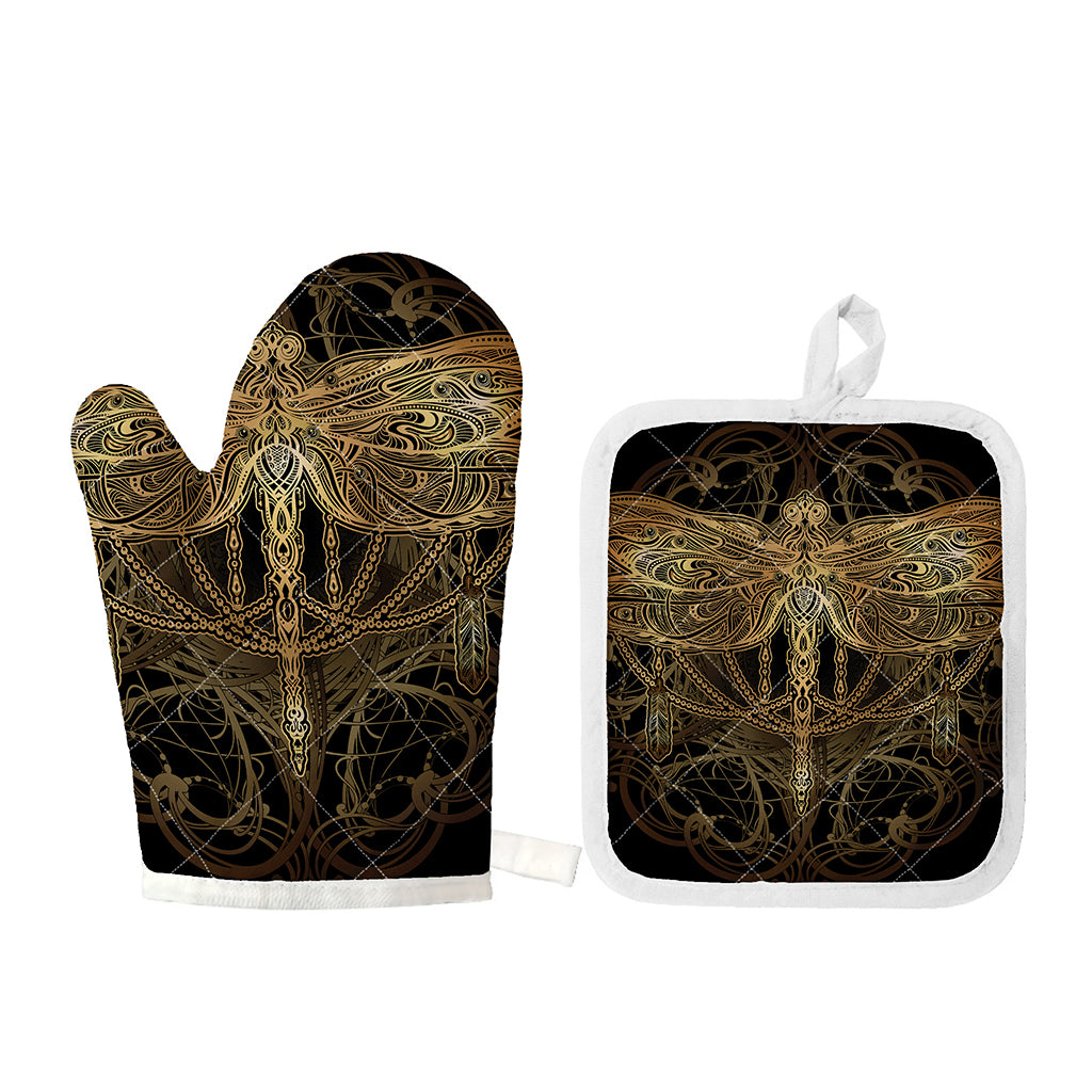 Golden Spiritual Dragonfly Print Oven Mitt And Pot Holder Set