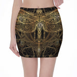 Golden Spiritual Dragonfly Print Pencil Mini Skirt