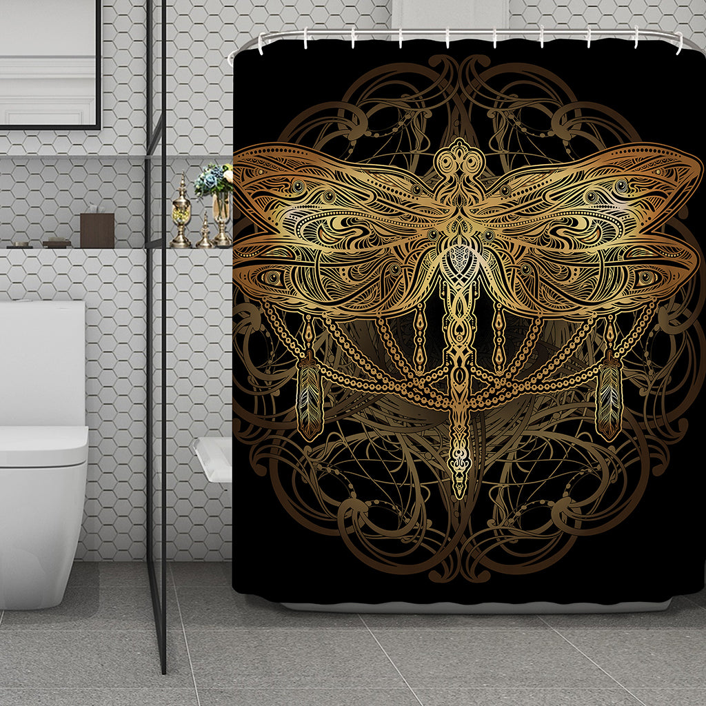 Golden Spiritual Dragonfly Print Polyester Shower Curtain