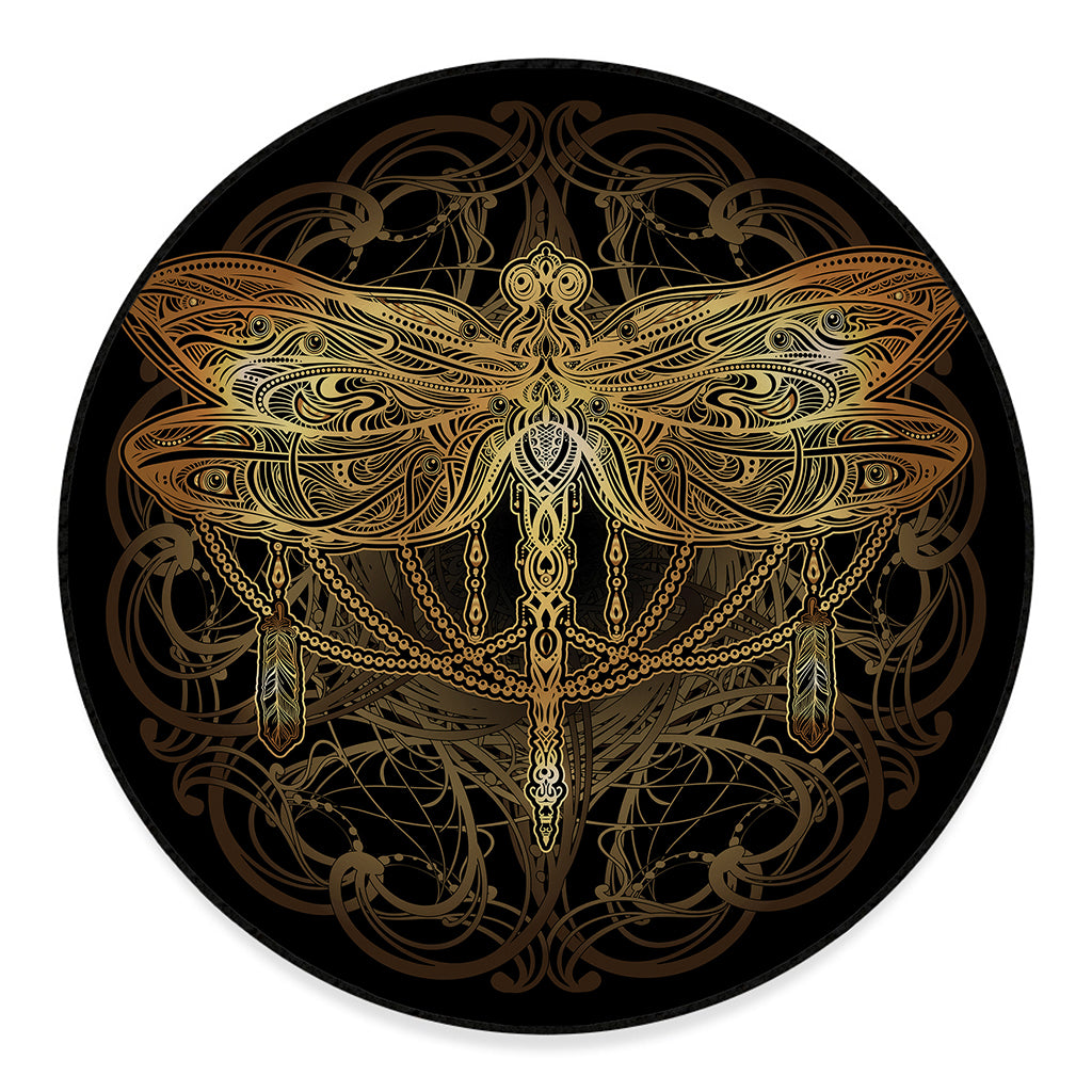 Golden Spiritual Dragonfly Print Round Floor Mat