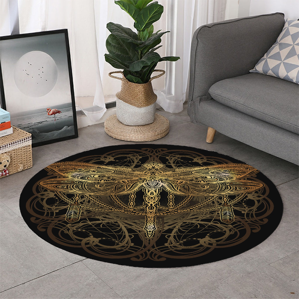 Golden Spiritual Dragonfly Print Round Rug