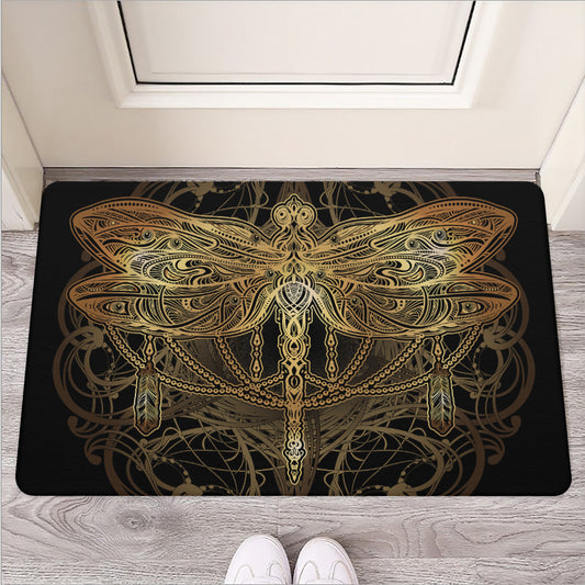 Golden Spiritual Dragonfly Print Rubber Doormat