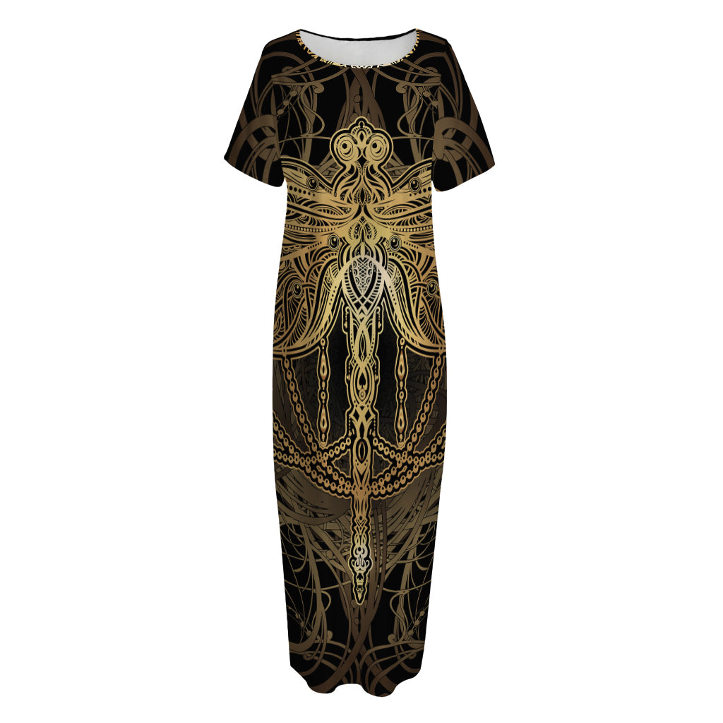 Golden Spiritual Dragonfly Print Short Sleeve Long Nightdress