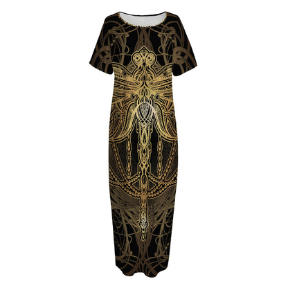 Golden Spiritual Dragonfly Print Short Sleeve Long Nightdress