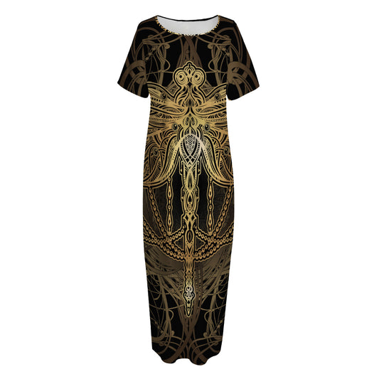 Golden Spiritual Dragonfly Print Short Sleeve Long Nightdress