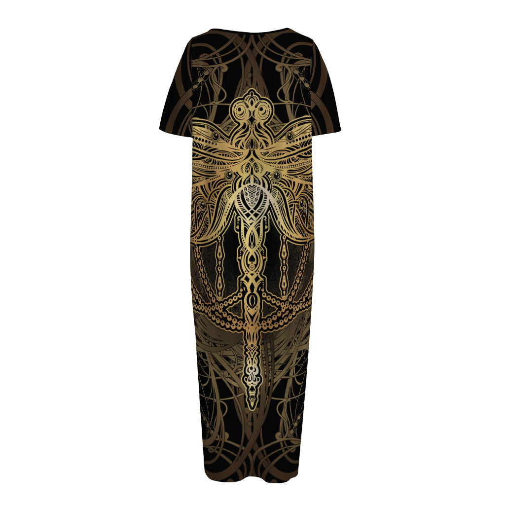 Golden Spiritual Dragonfly Print Short Sleeve Long Nightdress