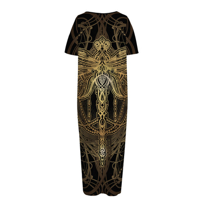 Golden Spiritual Dragonfly Print Short Sleeve Long Nightdress