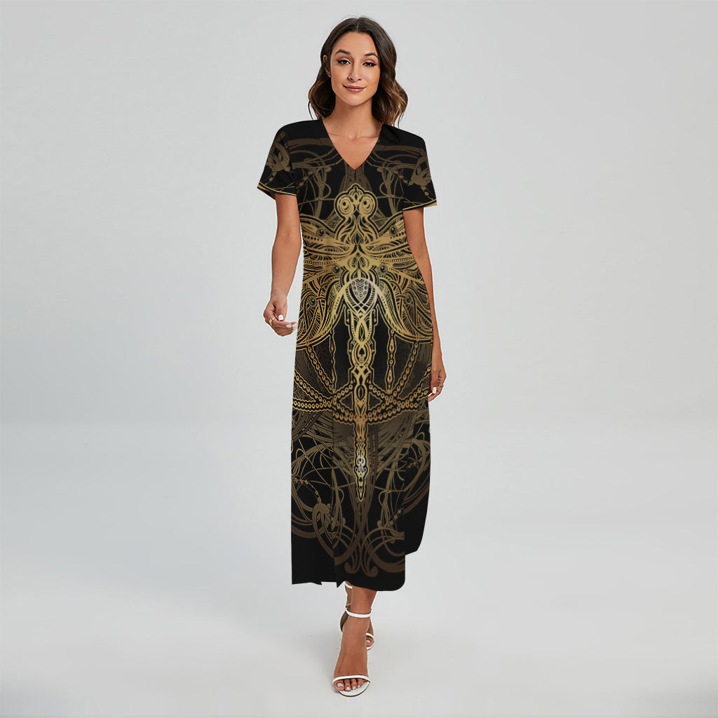 Golden Spiritual Dragonfly Print Short Sleeve Maxi Dress