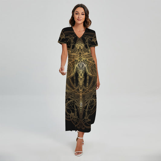 Golden Spiritual Dragonfly Print Short Sleeve Maxi Dress