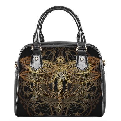 Golden Spiritual Dragonfly Print Shoulder Handbag