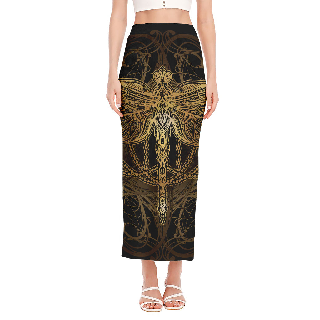 Golden Spiritual Dragonfly Print Side Slit Maxi Skirt