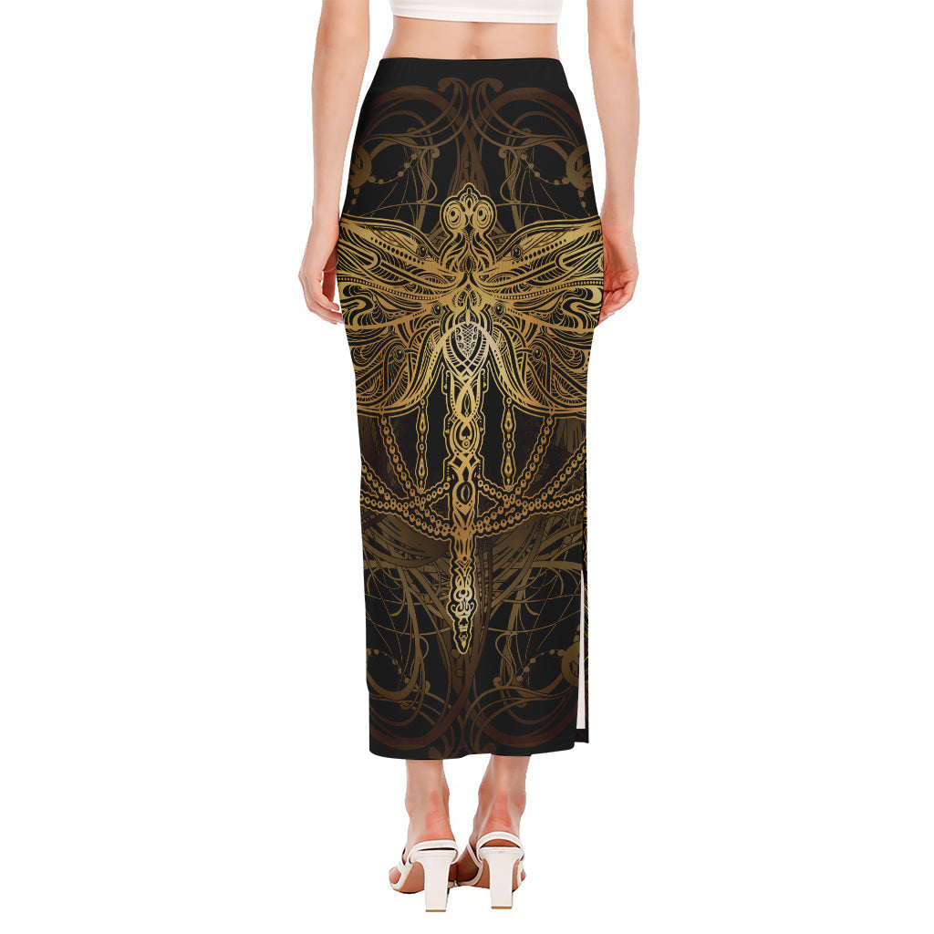 Golden Spiritual Dragonfly Print Side Slit Maxi Skirt
