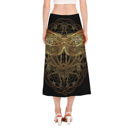 Golden Spiritual Dragonfly Print Side Slit Midi Skirt