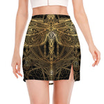 Golden Spiritual Dragonfly Print Side Slit Mini Skirt