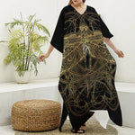 Golden Spiritual Dragonfly Print Silk V-Neck Kaftan Dress