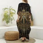 Golden Spiritual Dragonfly Print Silk V-Neck Kaftan Dress