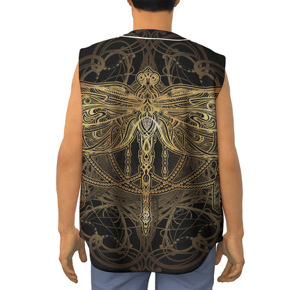 Golden Spiritual Dragonfly Print Sleeveless Baseball Jersey