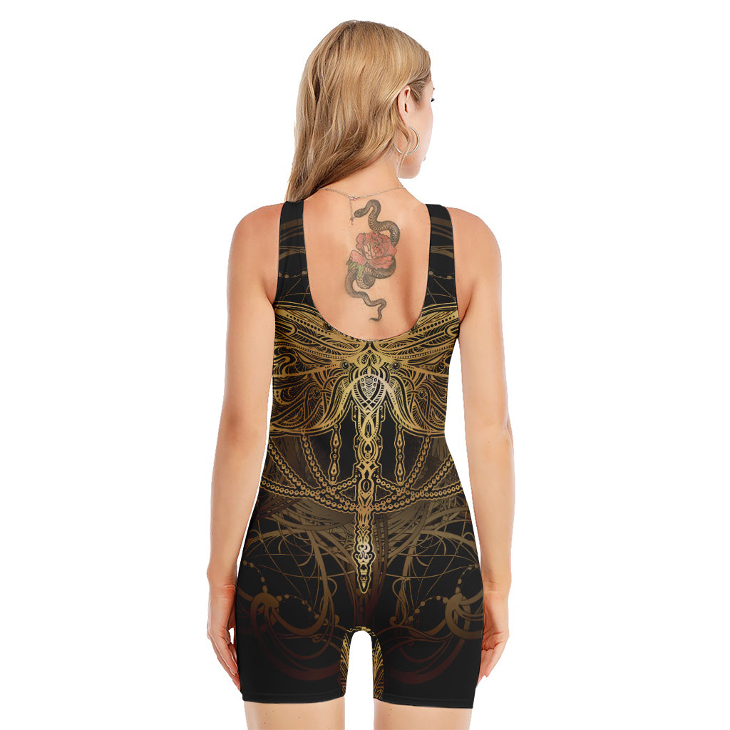 Golden Spiritual Dragonfly Print Sleeveless One Piece Swimsuit