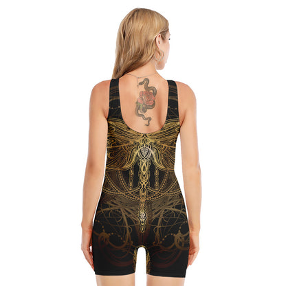 Golden Spiritual Dragonfly Print Sleeveless One Piece Swimsuit