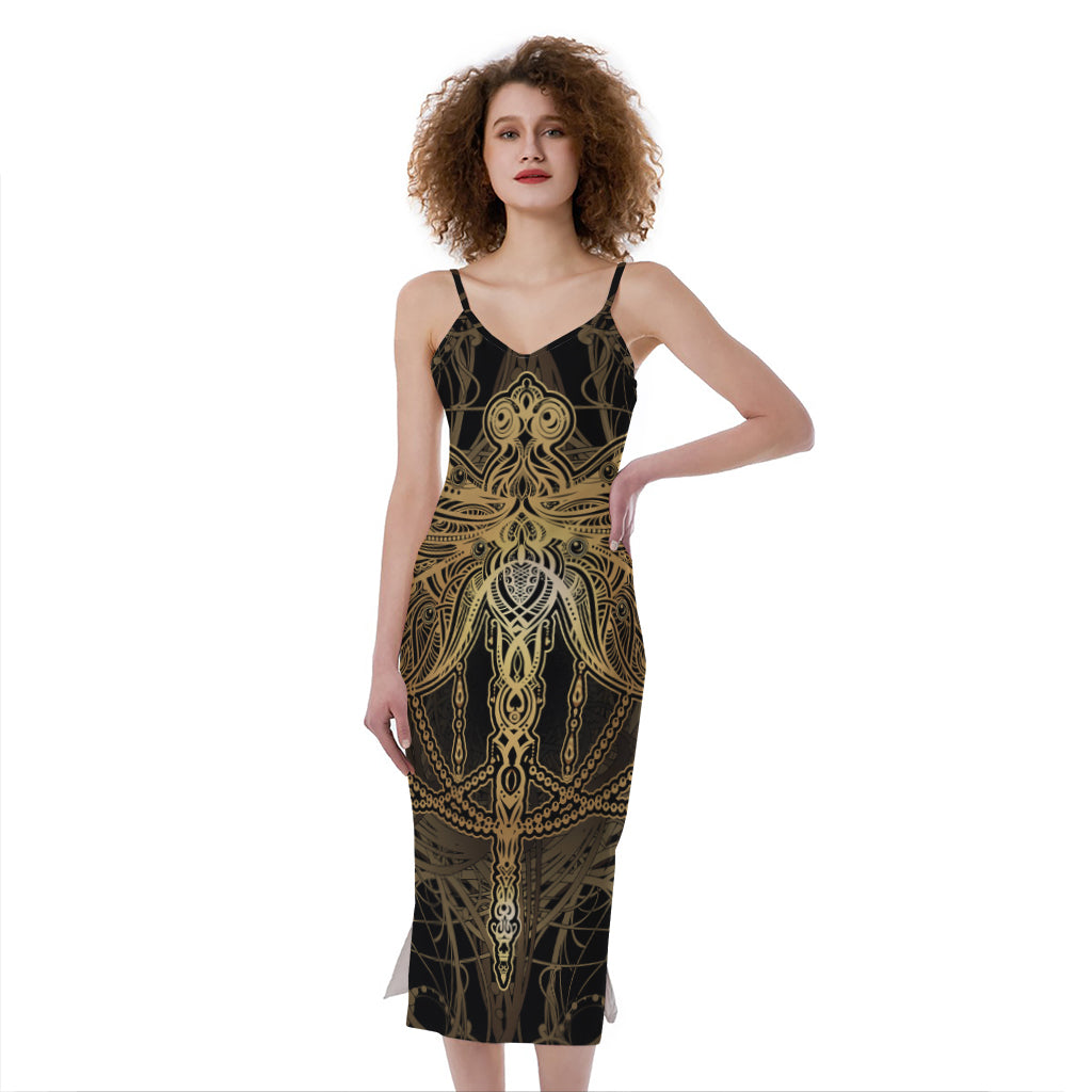 Golden Spiritual Dragonfly Print Slim Fit Midi Cami Dress