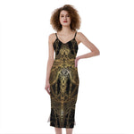 Golden Spiritual Dragonfly Print Slim Fit Midi Cami Dress