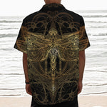 Golden Spiritual Dragonfly Print Textured Short Sleeve Shirt