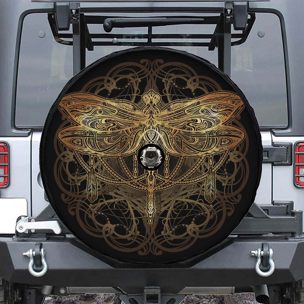 Golden Spiritual Dragonfly Print Tire Cover With Camera Hole