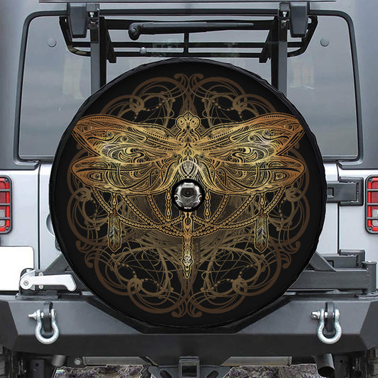 Golden Spiritual Dragonfly Print Tire Cover With Camera Hole