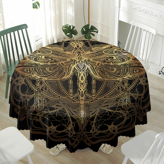Golden Spiritual Dragonfly Print Waterproof Round Tablecloth