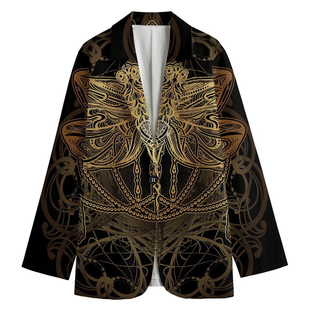 Golden Spiritual Dragonfly Print Women's Cotton Blazer