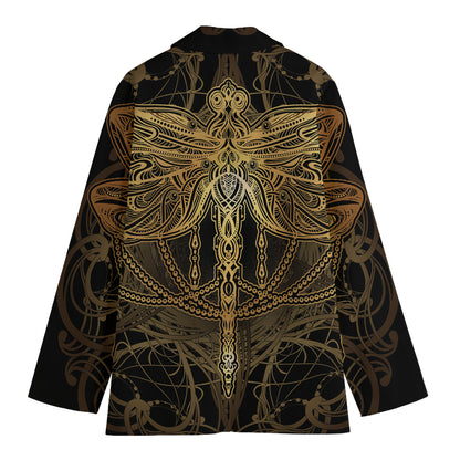 Golden Spiritual Dragonfly Print Women's Cotton Blazer