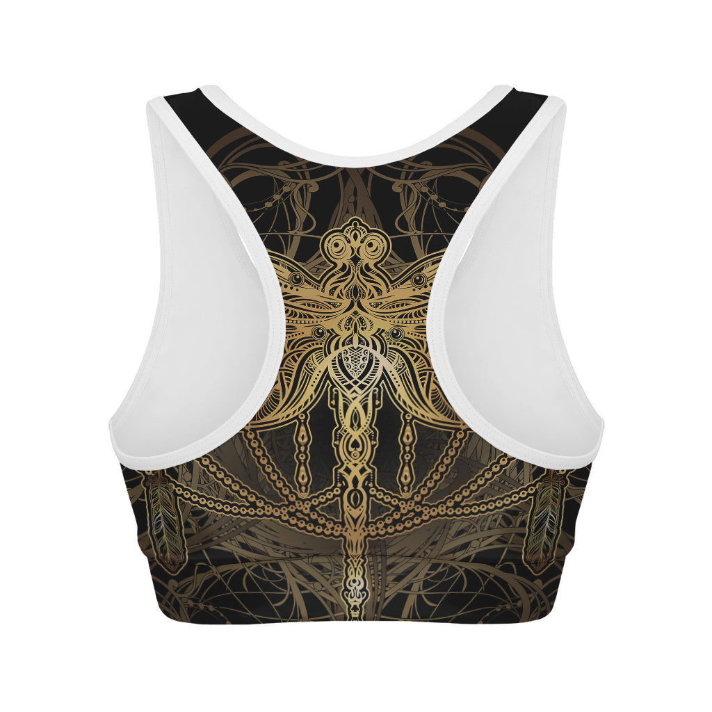 Golden Spiritual Dragonfly Print Women's Sports Bra