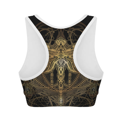 Golden Spiritual Dragonfly Print Women's Sports Bra