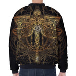 Golden Spiritual Dragonfly Print Zip Sleeve Bomber Jacket
